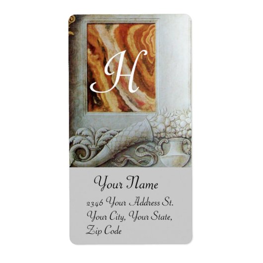 CORNUCOPIA MONOGRAM, zwart-wit grijs bruin Etiket (Voorkant)