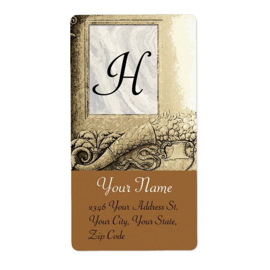 CORNUCOPIA MONOGRAM, zwart-wit grijs bruin Etiket (Voorkant)