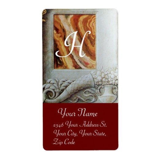 CORNUCOPIA MONOGRAM, zwart wit grijs rood Etiket (Voorkant)