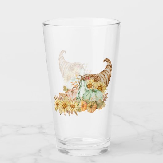 Cornucopia, pompoenen en zonnebloemen glas (Voorkant)