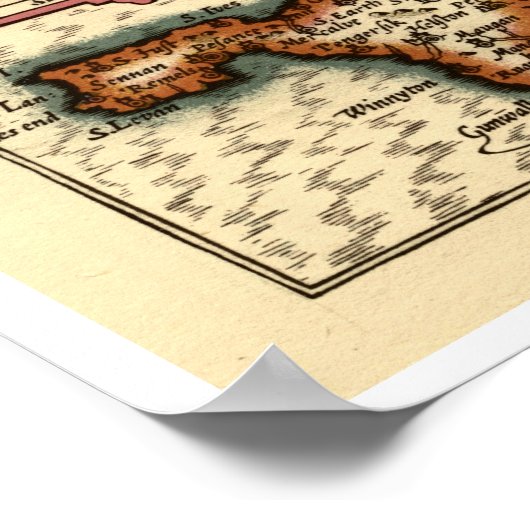 Cornwaile Cornwall County Map, Engeland Poster (Hoek)