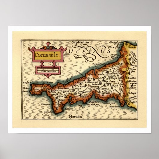 Cornwall, Cornwaile County England Antiquarische k Poster (Voorkant)