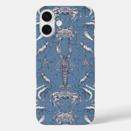 Cornwall Crustaceans Damask Blue Ultra Marine iPhone 16 Plus Hoesje