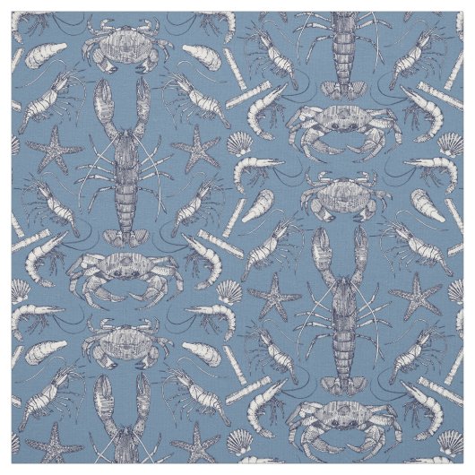 Cornwall Crustaceans Damask Blue Ultra Marine Stof (Swatch)