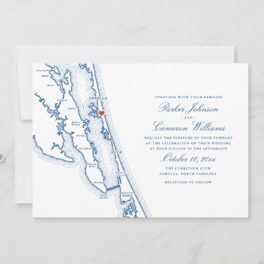 Corolla NC Map Elegant Navy Blue Wedding Kaart (Voorkant)