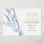 Corolla NC Map OBX Wedding Navy and Gold Folie Uitnodiging (Voorkant)