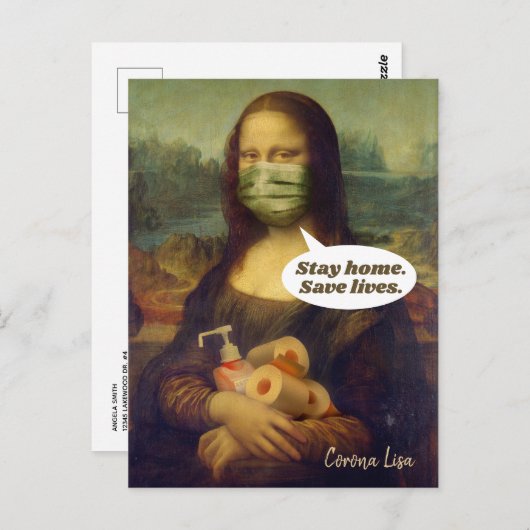 Corona Lisa (Mona Lisa) blijf thuis. Leven opslaan Briefkaart (Voorkant / Achterkant)