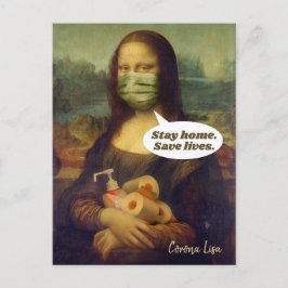 Corona Lisa (Mona Lisa) blijf thuis. Leven opslaan Briefkaart