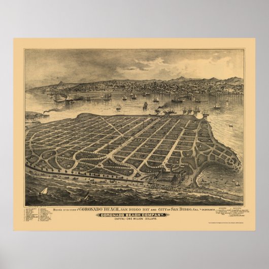 Coronado Beach, CA Panoramic Map - 1880 Poster (Voorkant)