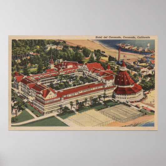 Coronado, CA - Bird's Eye of Hotel del Coronado Poster (Voorkant)
