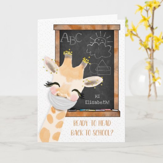 Coronavirus Terug naar School Giraffe met Masker Kaart (Gele Bloem)