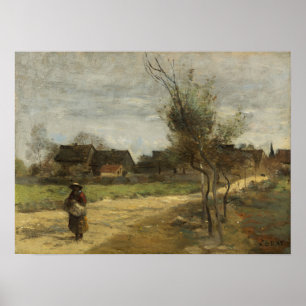 Corot - Boerenvrouw op een weg met een Uitzicht Poster