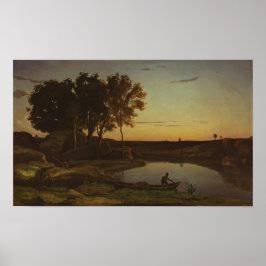 Corot - Landschap met meer en bootman Poster