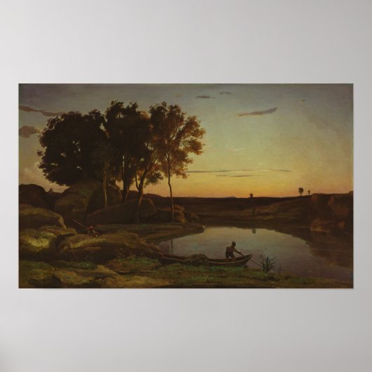 Corot - Landschap met meer en bootman Poster (Voorkant)