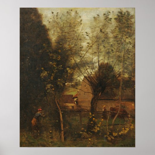 Corot - Landschap op een boerderij Poster (Voorkant)