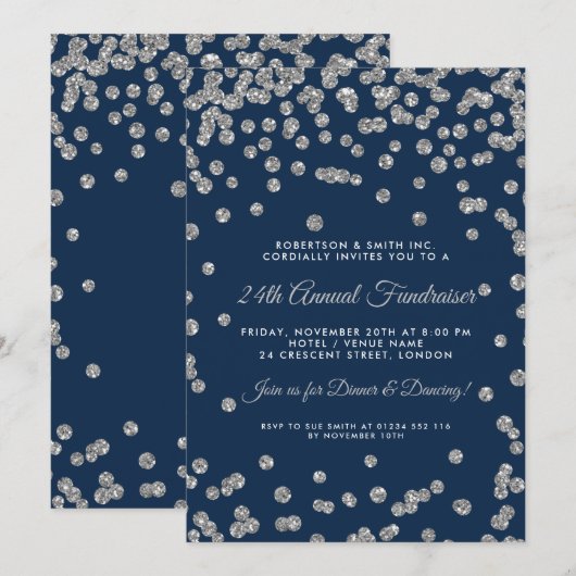 Corporate Fundraiser Dinner Silver Confetti Navy Kaart (Voorkant / Achterkant)