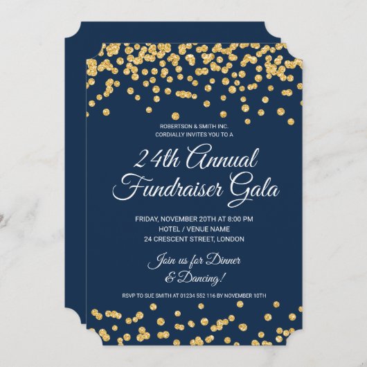 Corporate Fundraiser Gold Glitter Confetti Navy Kaart (Voorkant / Achterkant)