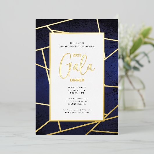 Corporate Gala Diner Elegant Blauw Goud Folie Uitnodiging (Staand Voorkant)