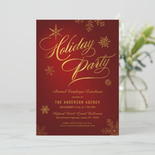 Corporate Holiday Luncheon Elegant Gold Snowflakes Feestdagenkaart (Staand voorkant)