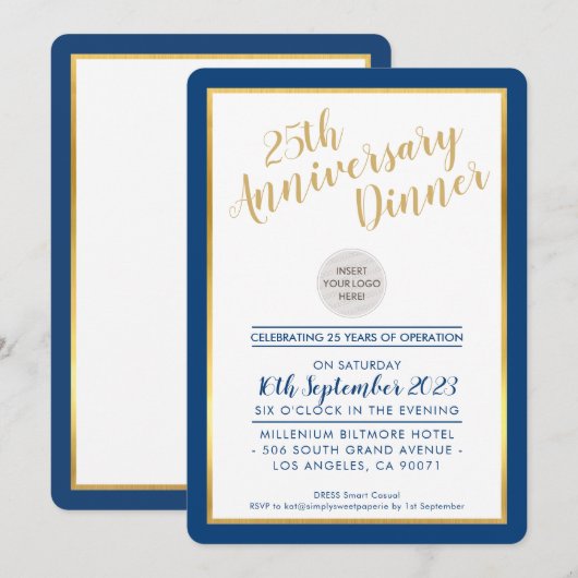 CORPORATE JUBILEUM DINER Modern marinegoud Kaart (Voorkant / Achterkant)
