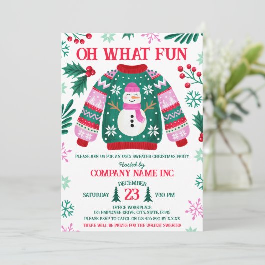 Corporate Kantoor Holiday Ugly Sweater Party Kaart (Staand voorkant)