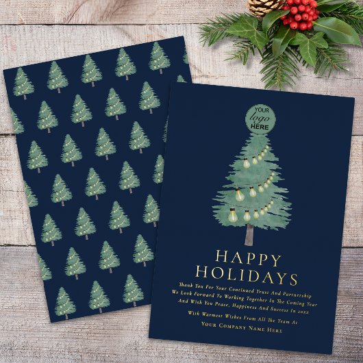 Corporate Logo Christmas Tree Blue & Gold Script Folie Feestdagenkaart