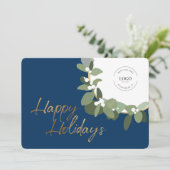 Corporate Logo Gold Happy Holidays Blue Modern Feestdagenkaart (Staand voorkant)