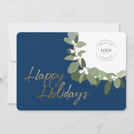 Corporate Logo Gold Happy Holidays Blue Modern Feestdagenkaart (Voorkant)