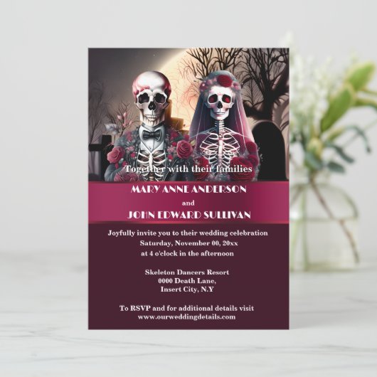 Corpse bruid bruidegom bordeaux roos gotische brui kaart (Staand voorkant)