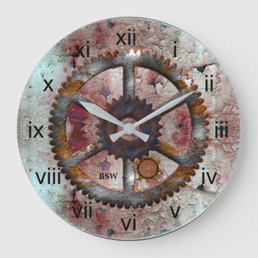 Corroded Blue and Rust Steampunk Wall Clock Grote Klok (Voorkant)
