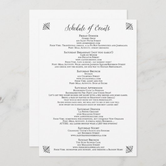 Corset Bachelorette Overzicht van evenementen Programmakaart (Voorkant / Achterkant)