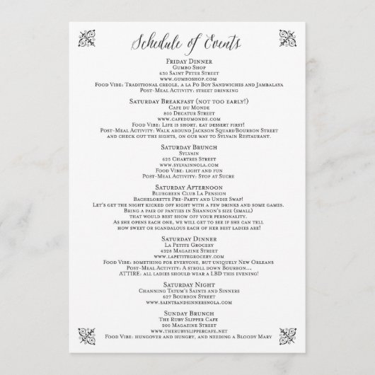  Corset Bachelorette Overzicht van evenementen Programmakaart (Voorkant)