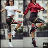 Corset Lace Bow Repeating Block Pattern Leggings