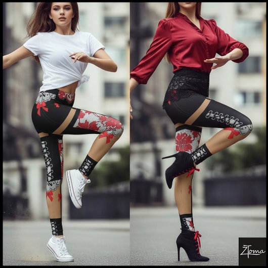 Corset Lace Bow Repeating Block Pattern Leggings
