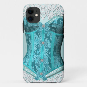 Corset Tealblauw Witte Kant Damast Bloem Case-Mate iPhone Case