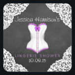 Corset White Lace Chalkboard Lingerie Shower Vierkante Sticker<br><div class="desc">Paarse corset White Lace Chalkboard Lingerie Shower Stickers.</div>