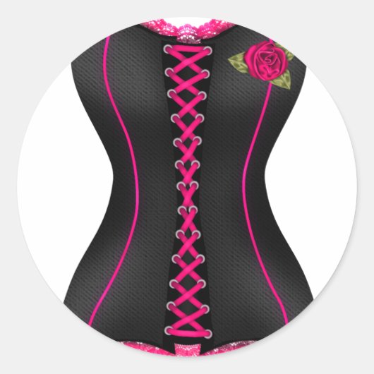 Corset Zwart Roze roos Ronde Sticker (Voorkant)