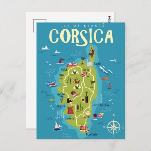 Corsica Illustrated Map Briefkaart (Voorkant / Achterkant)