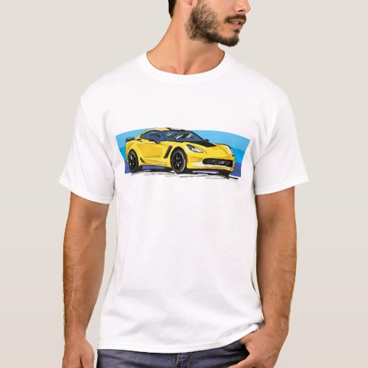 Corvette C7 Gele Sportscar met Blauwe Streep T-shirt (Voorkant)
