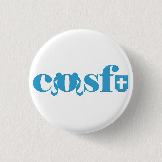 Cosfu - witte logo met platbinding ronde button 3,2 cm (Voorkant)