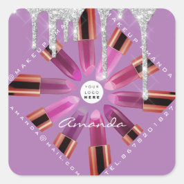 Cosmetic Makeup Artist Pink Lipstick Logo Drip Gra Vierkante Sticker