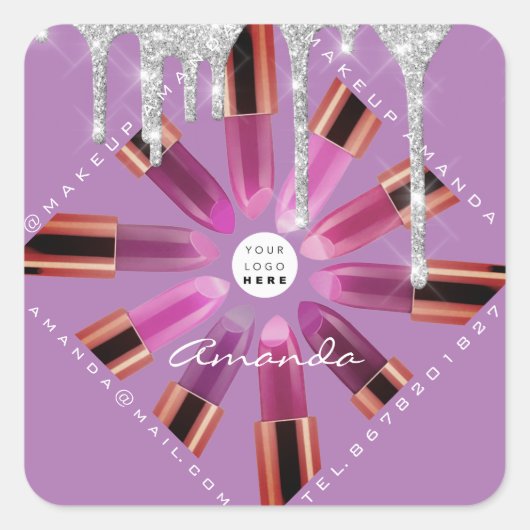 Cosmetic Makeup Artist Pink Lipstick Logo Drip Gra Vierkante Sticker (Voorkant)