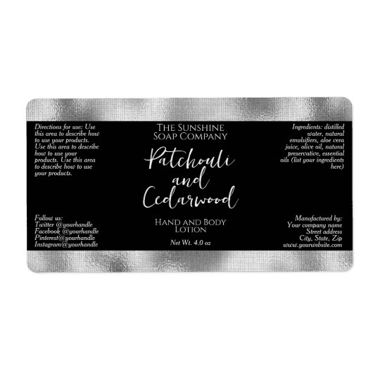 Cosmetica of zeep Verpakkingsetiket - Zwart + Zilv Etiket (Voorkant)