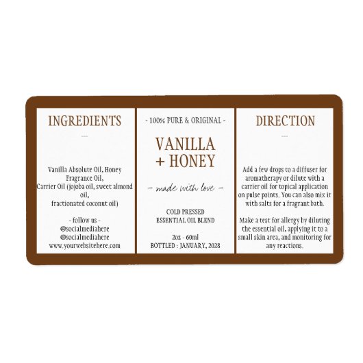 Cosmetische Vanille Honing Ingrediënten bruin Etiket (Voorkant)