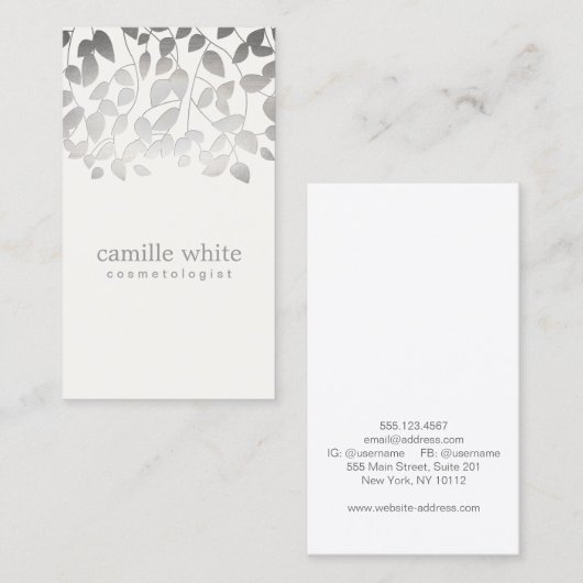 Cosmetologie FAUX Zilveren bladeren Spa en schoonh Visitekaartje (Voorkant / Achterkant)