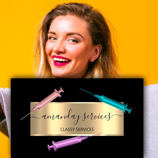 Cosmetologist Spuit Botox B12 QRCode Black Gold Visitekaartje