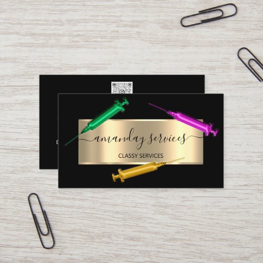 Cosmetologist Spuit Botox B12 QRCode Black Roze Visitekaartje (Voorkant / Achterkant in situ)