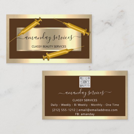 Cosmetologist Spuit Botox B12 QRCode Brown Gold Visitekaartje (Voorkant / Achterkant)