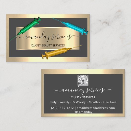 Cosmetologist Spuit Botox B12 QRCode Grey Gold Visitekaartje (Voorkant / Achterkant)