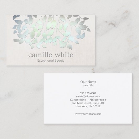 Cosmetology Spa Blue Green Leaves Linen look Visitekaartje (Voorkant / Achterkant)